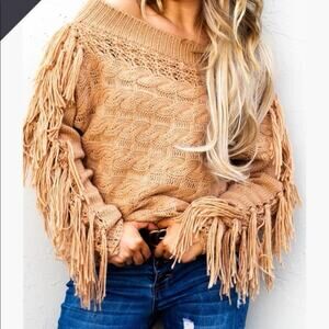 ANDTHEWHY And The Why Fringe Off Shoulder Chunky Sweater Neutral Fisherman Knit